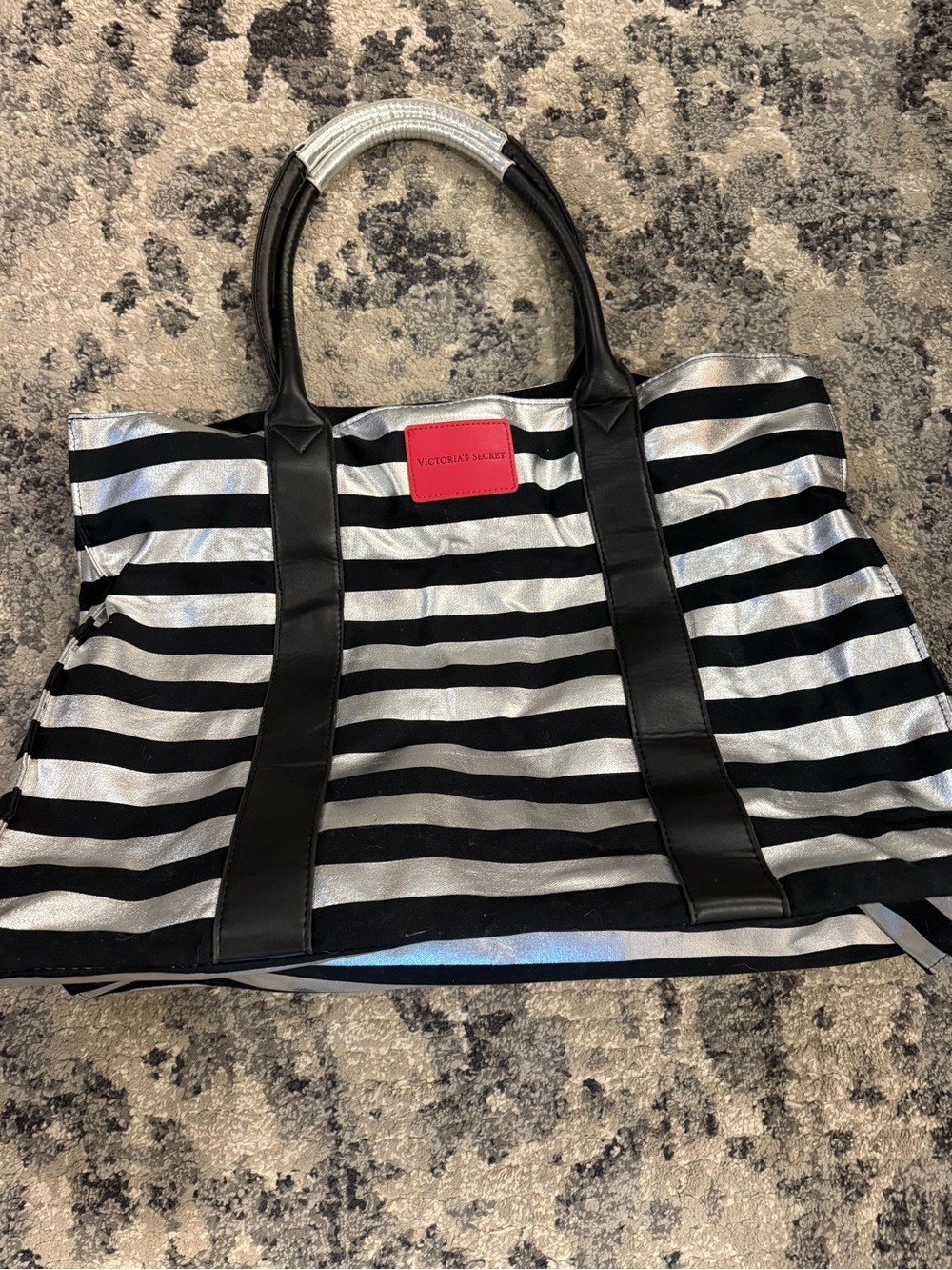 Victoria's Secret Black & Silver Striped Tote with Pink Logo Patch